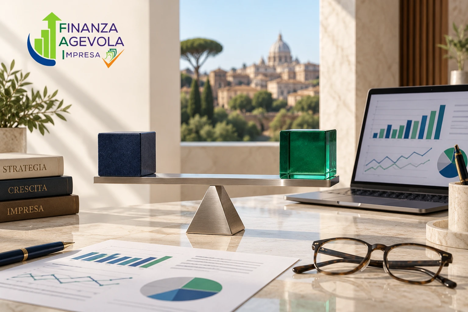 Scena illustrativa generata: bilancia con pesi blu e verdi, documenti finanziari e computer.